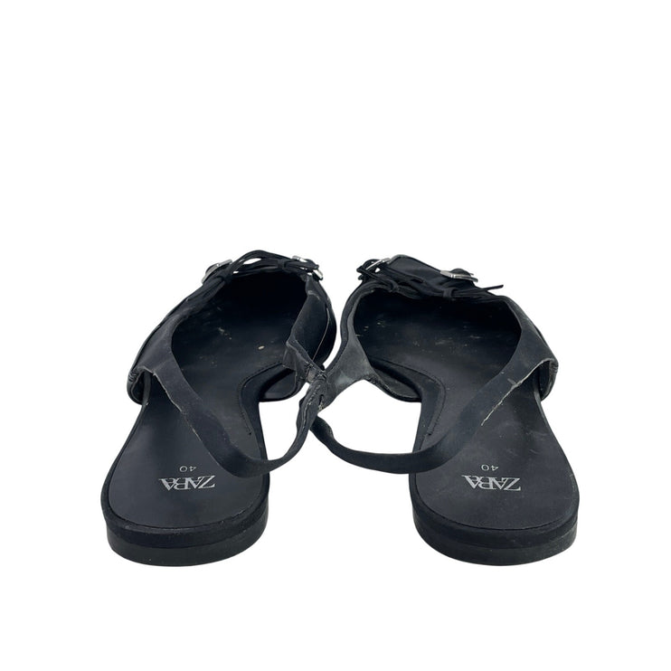 Zara Women's Black Faux Leather Pointed Toe Slingback Buckle Flat Sandals Size 9