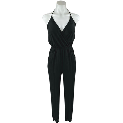 Lulus Learning to Fly Black Halter Sleeveless V Neck Faux Wrap Jumpsuit Size S