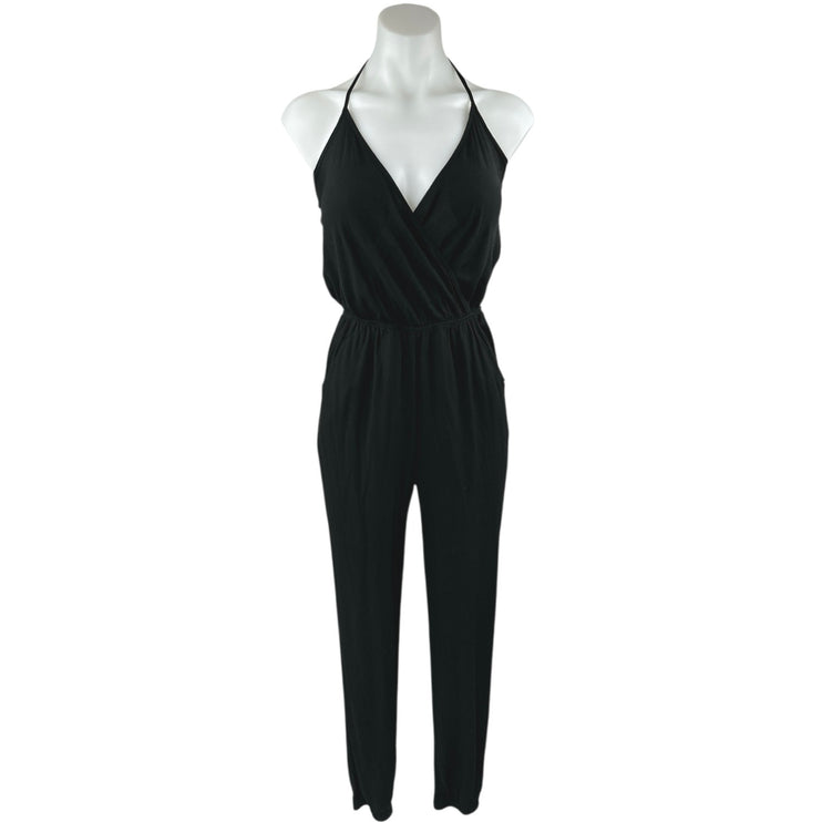 Lulus Learning to Fly Black Halter Sleeveless V Neck Faux Wrap Jumpsuit Size S