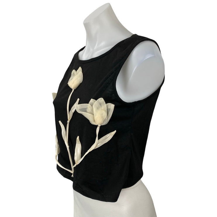 Women's Black White 3D Floral Tulip Crew Neck Sleeveless Slim Vest Tank Top Sz S