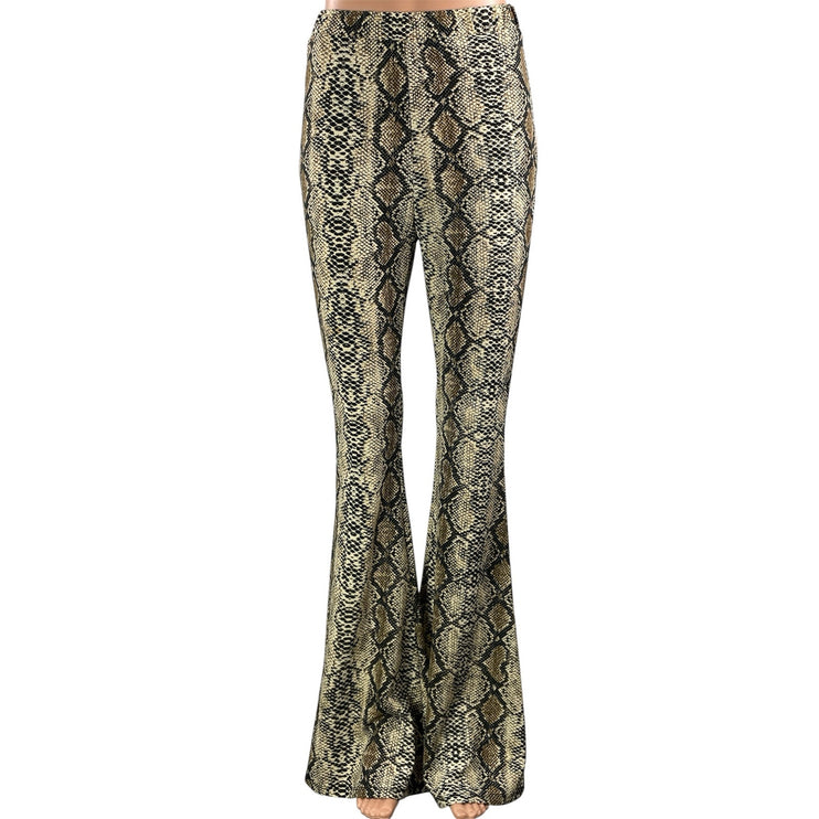 Polly Womens Beige Snakeskin Animal Print High Rise Flared Trousers Pants Size 4