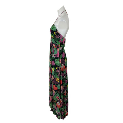 Betsy Johnson Paulina Tropical Black Halter V Neck Open Back Maxi Dress Size XS