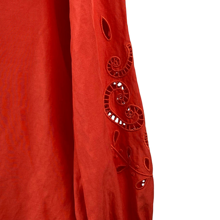 Kobi Halpern Red Linen Eyelet Embroidered Long Sleeve Button Down Shirt Top S