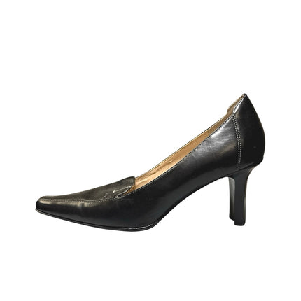 AK Anne Klein Women's Black Leather Slip On Square Toe Blook Heels Size 9M