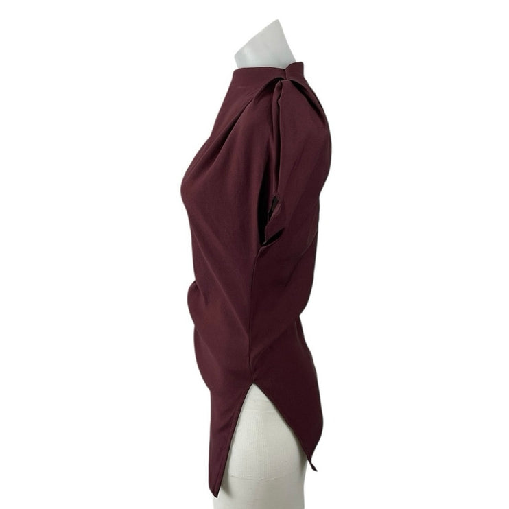 Zara Red Maroon Short Puff Sleeve Asymmetric Drape Mock Neck Blouse Top Size S