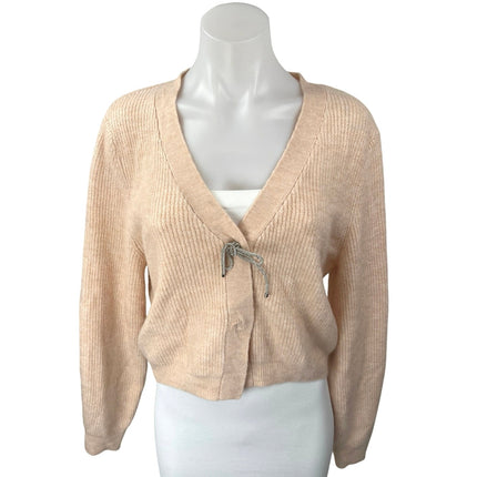 NEW H&M Cream Rhinestone-bow Rib knit Long Sleeve Crop Cardigan Sweater Top M