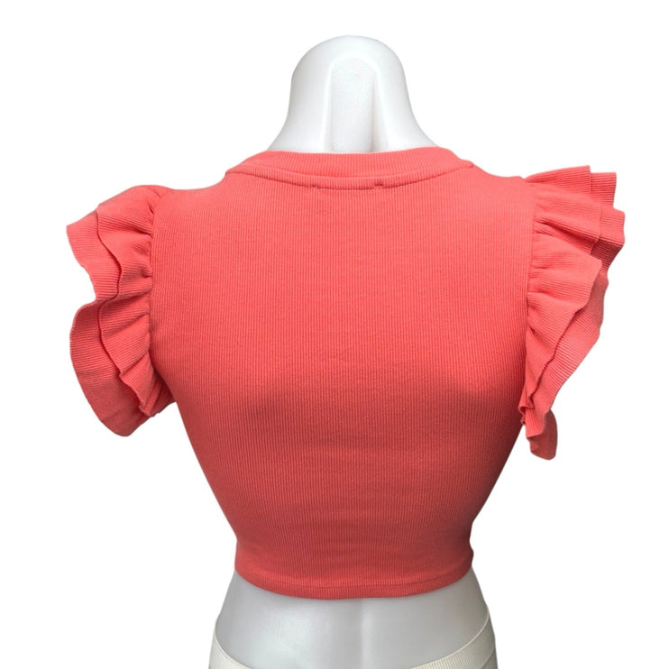 ZARA Coral Orange Rib Knit Ruffle Flutter Sleeve Pullover Crop Top Blouse Size S