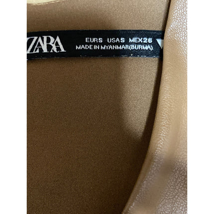 Zara Women's Brown Faux Vegan Leather V-neck Long Sleeve Mini Bodycon Dress Sz S