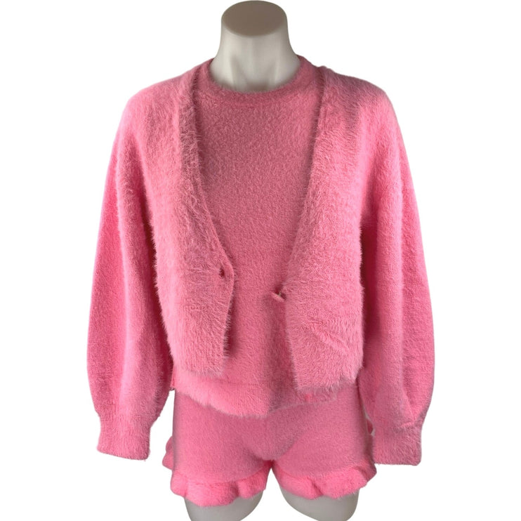 ASOS Pink Fleece Cardigan Short Sleeve T Shirt Shorts Sweater 3 Piece Set Size 2