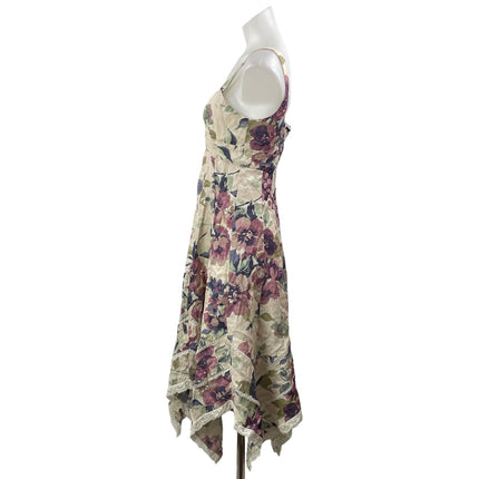 Lauren Ralph Lauren 100% Linen Floral Handkerchief Lace A Line Midi Dress Sz 2