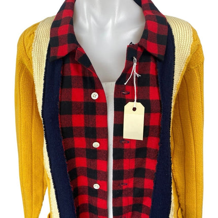 Upcycled Handmade Women's Yellow Red Plaid Flannel Shirt Cardigan Sweater Top OS