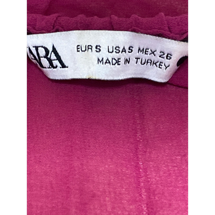 Zara Women's Pink Long Sleeve Mesh Sheer Tie Pleated Plisse Blouse Top Size S