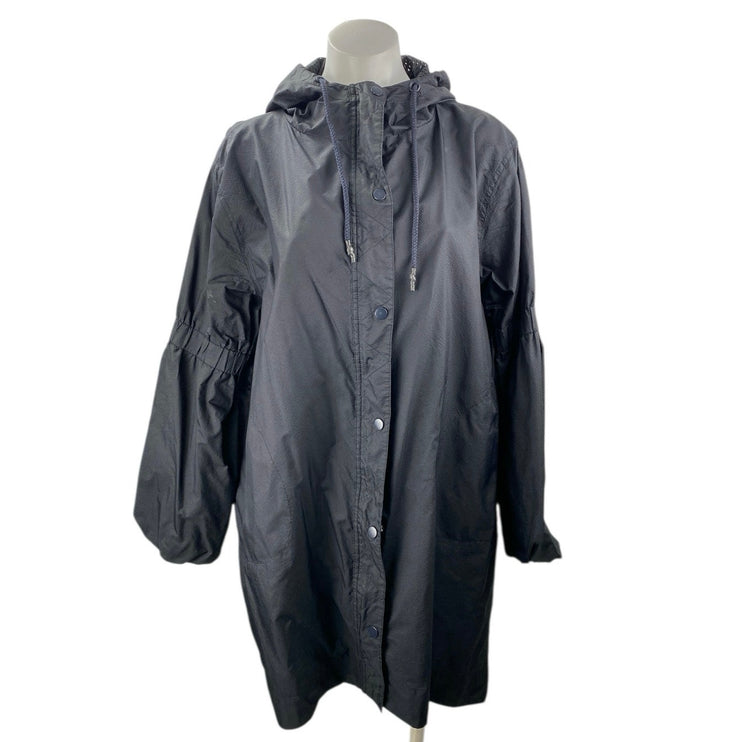 Jo Lab Women's Black Snap Button Long Sleeve Hooded Rain Coat Trench Jacket Sz M