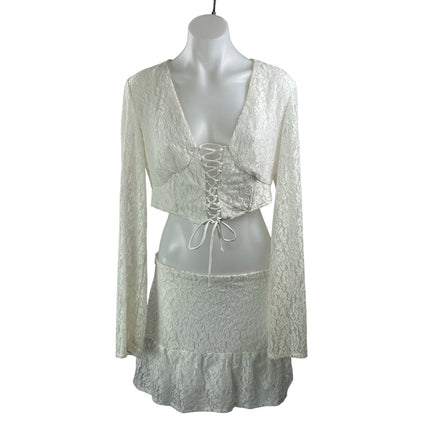 Peppermayo Womens Cream Long Sleeves Floral Lace Crop Top & Mini Skirt Sets Sz 6
