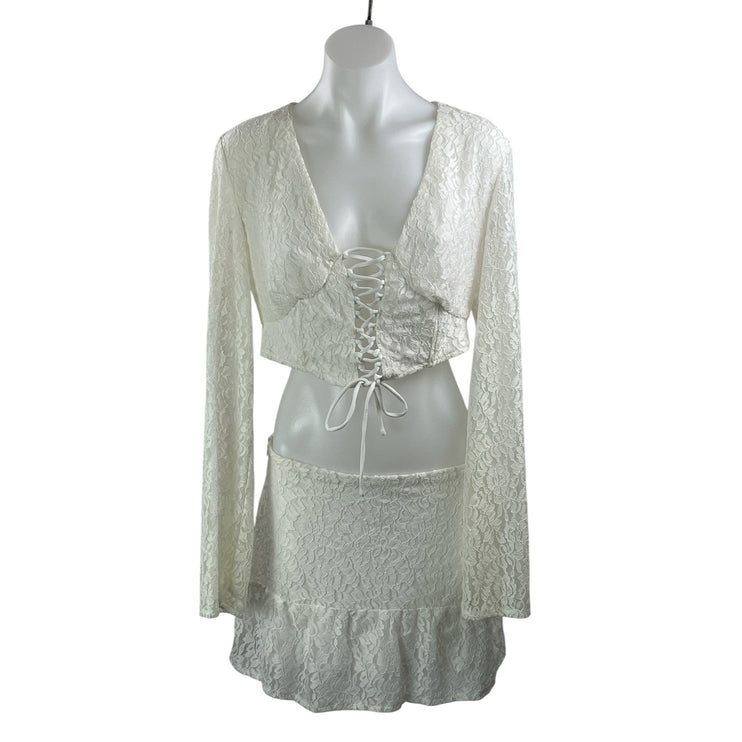 Peppermayo Womens Cream Long Sleeves Floral Lace Crop Top & Mini Skirt Sets Sz 6