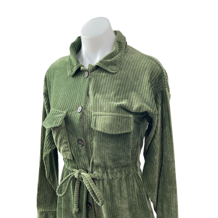 Love Women's Green Corduory Long Sleeve Tie Waist Utility Button Up Jacket Sz S