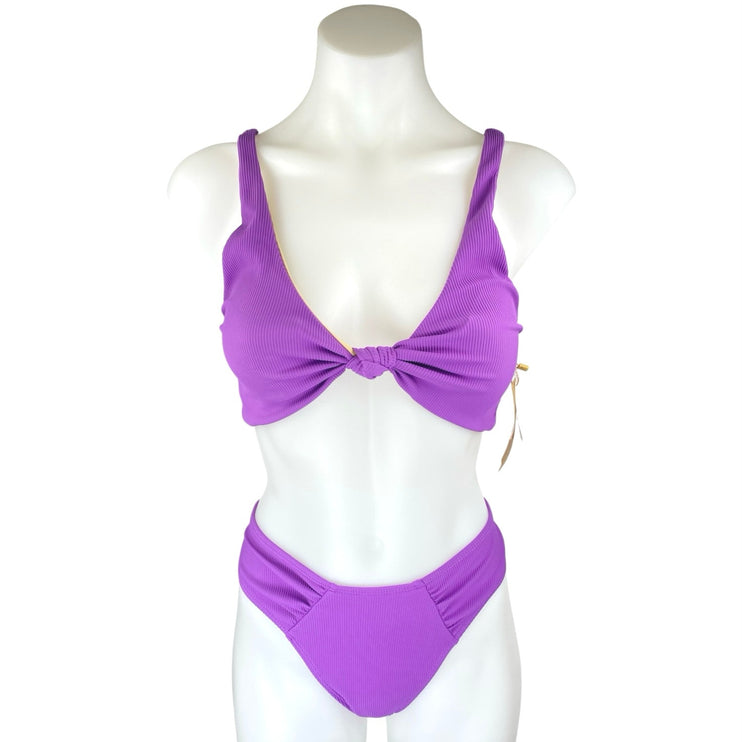 NEW Berlook Purple Ribbed Knit Twist Front Two Piece Set Swimsuit Swimwear Sz L
