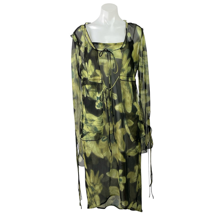 Commense Green Floral Mesh Long Sleeve Tie Cardigan Tank Midi Dress Set Size M