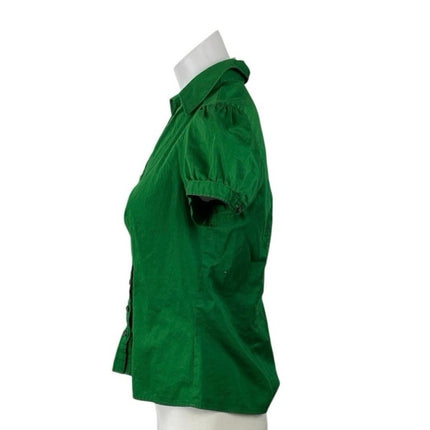 Ann Taylor LOFT Petites Green Ruched Puff Sleeve Button Down Shirt Blouse Top SP