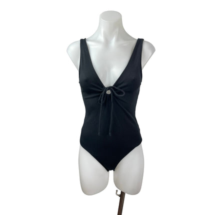 Abercrombie & Fitch Black Ribbed Knit V Neck Tie Bow Tank Bodysuit Top Size S