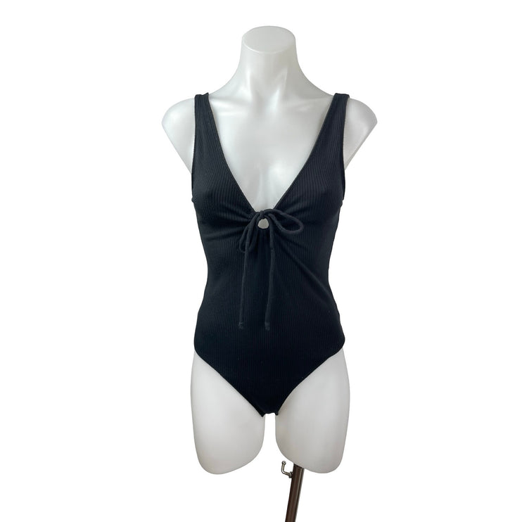 Abercrombie & Fitch Black Ribbed Knit V Neck Tie Bow Tank Bodysuit Top Size S