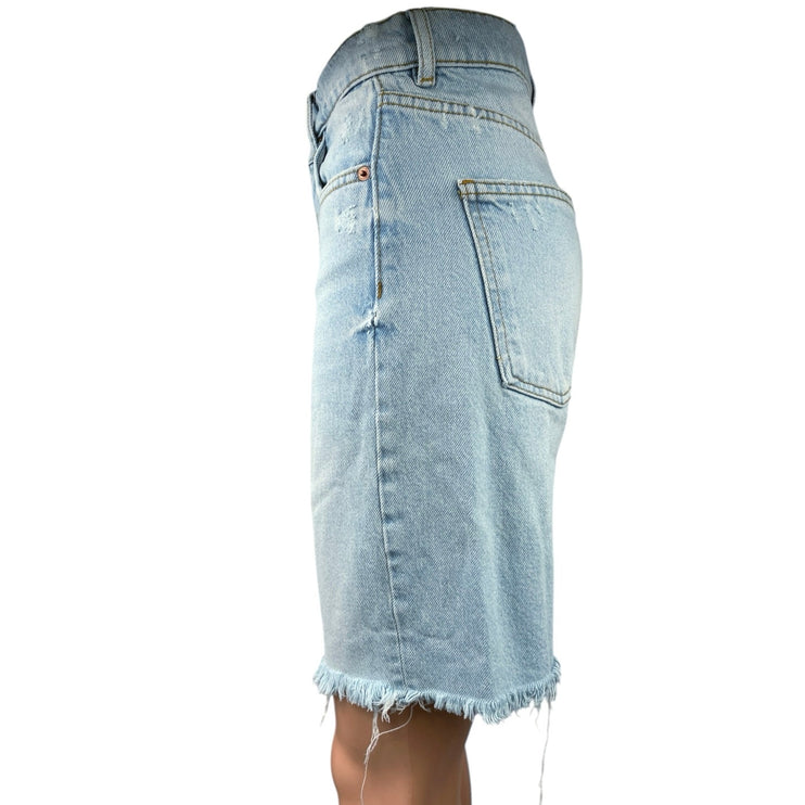 Zara 90's Bermuda Blue Light Wash High Waist Raw Frayed Hem Denim Jeans Shorts 0