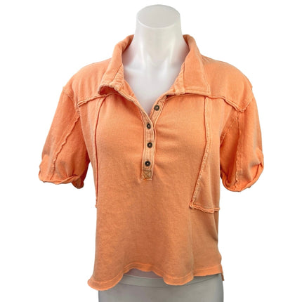 Free People Orange Cotton Collared Short Sleeve Boxy Crop Polo Shirt Top Size L