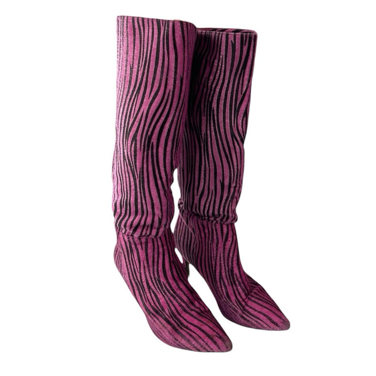 Nasty Gal Black Pink Zebra Animal Print Faux Fur Pointed Toe Knee High Boots 8