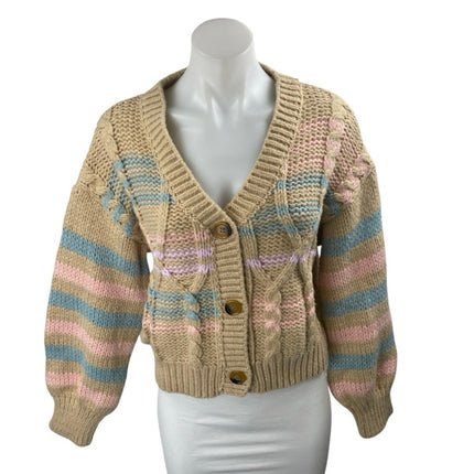 Lush Tan Multicolor Striped Cable Knit Button Up Cardigan Sweater Top Size M