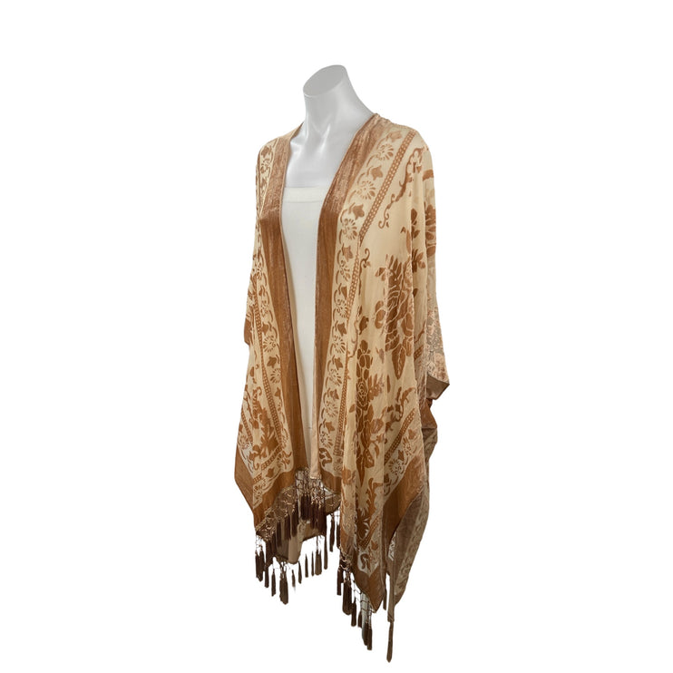 Free People Nightbird Burnout Velvet Velour Tan Tassel Boho Kimono Cardigan OS