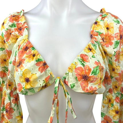 Wild Fable Yellow Orange Multi Embroidered Floral Long Sleeve Crop Top Size XS