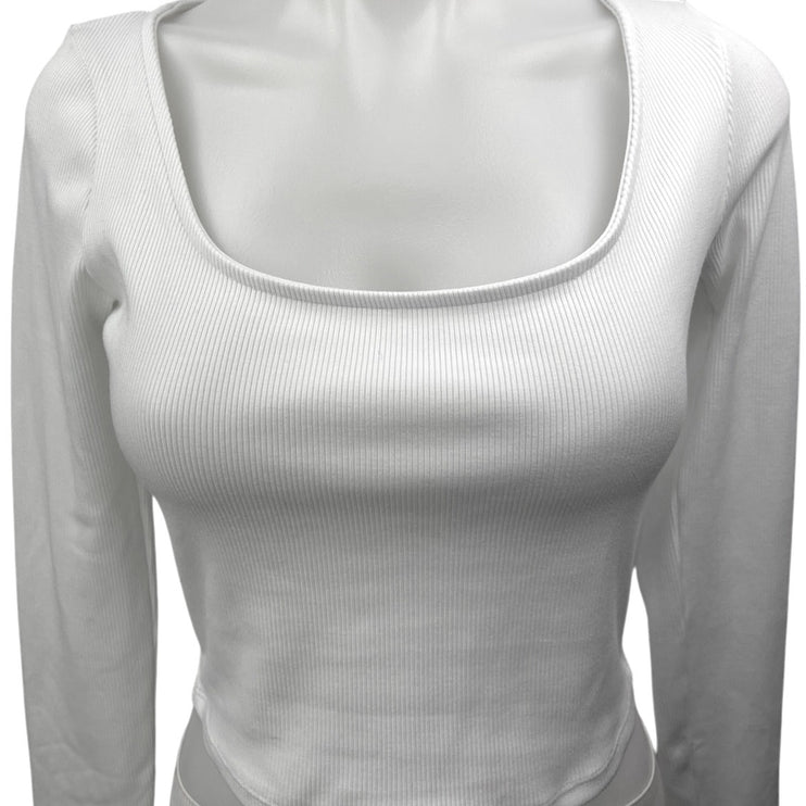 Alo White Ribbed Square Neck Long Sleeve Athletic Workout Shirt Crop Top Size S