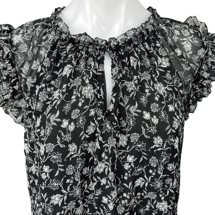 Old Navy Black Chiffon Floral Print Ruffle Short Sleeve Keyhole Blouse Top Sz L