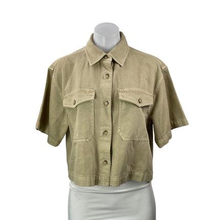 NEW Madewell Air Denim Tan Khaki Short Sleeve Button Down Crop Shirt Top Size S