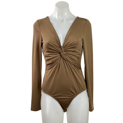 Princess Polly Womens Brown Twist Front V-neck Long Sleeve Bosysuit Blouse Top 6