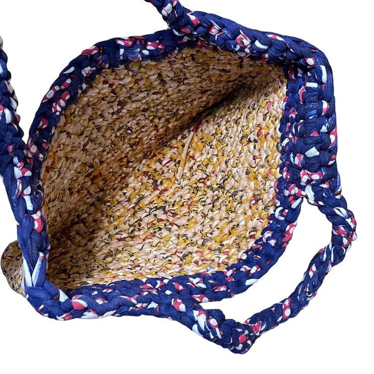 Women's Yellow Blue Handcrafted Crochet Fabric Strips Tote Bag Handbag Size OS