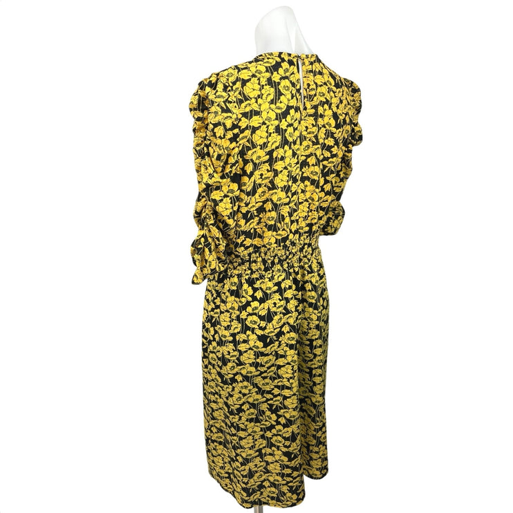 Who What Wear Yellow Black Ruched Sleeve Floral Smocked A Line Midi Dress Size M