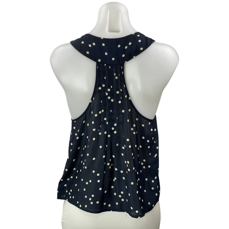 Nom de Plume Navy Blue Polka Dots Deep V Neck Sleeveless Semi Sheer Blouse Top S