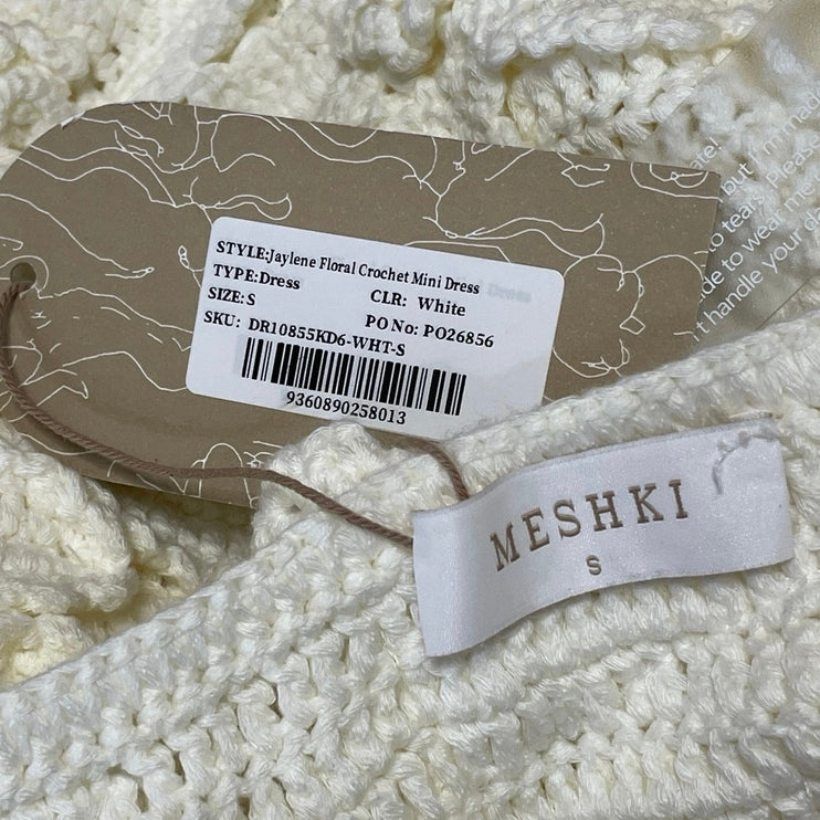 NEW MESHKI Jaylene Cream Ivory Floral Crochet Tie Back Cutout Mini Dress Size S
