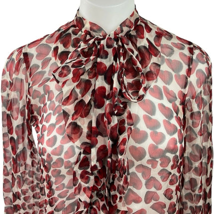 Prada Red White Heart Print Button Up Long Sleeve Ruffle Tie Neck Blouse Top S