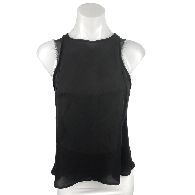 Theory Black 100% Silk Crew Neck Sleeveless Frayed Edge Blouse Top Size S