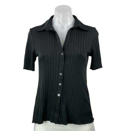 Club Monaco Women's Black Short Sleeves Ribbed Button Down Blouse Shirt Size S/P