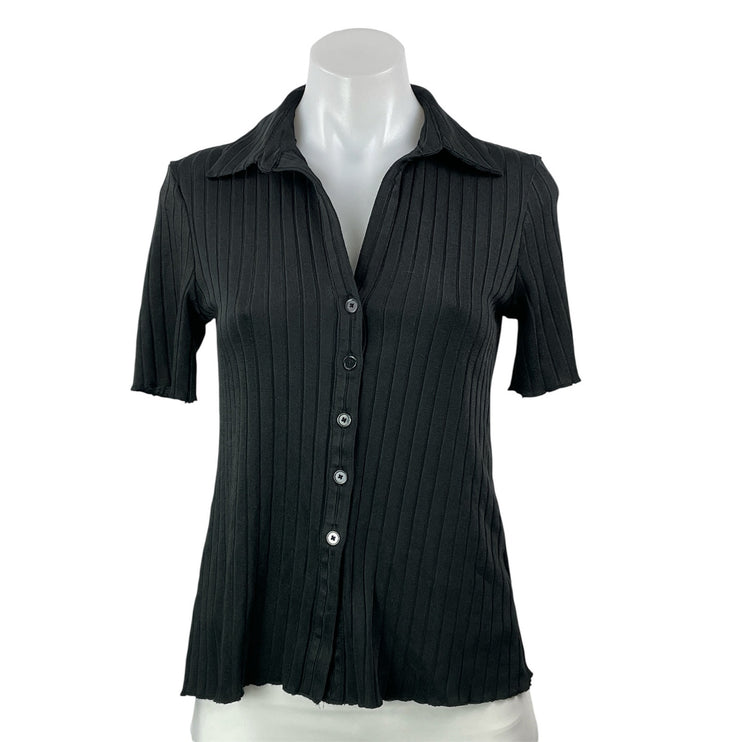 Club Monaco Women's Black Short Sleeves Ribbed Button Down Blouse Shirt Size S/P
