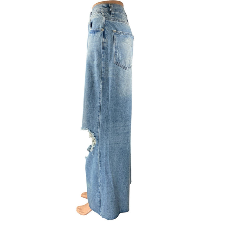 Signature 8 Womens Blue Distressed High Waist Wide Leg Baggy Denim Jeans Pants S
