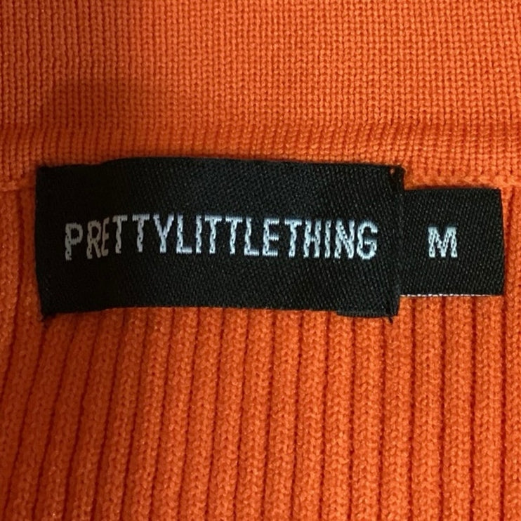 PrettyLittleThing Orange Ribbed Knit V Neck Collared Cutout Crop Top Size M