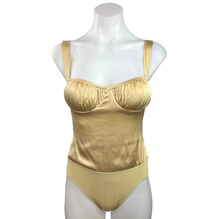 WeWoreWhat Danielle Bernstein Gold Satin Ruched Bustier Cups Corset Bodysuit 0