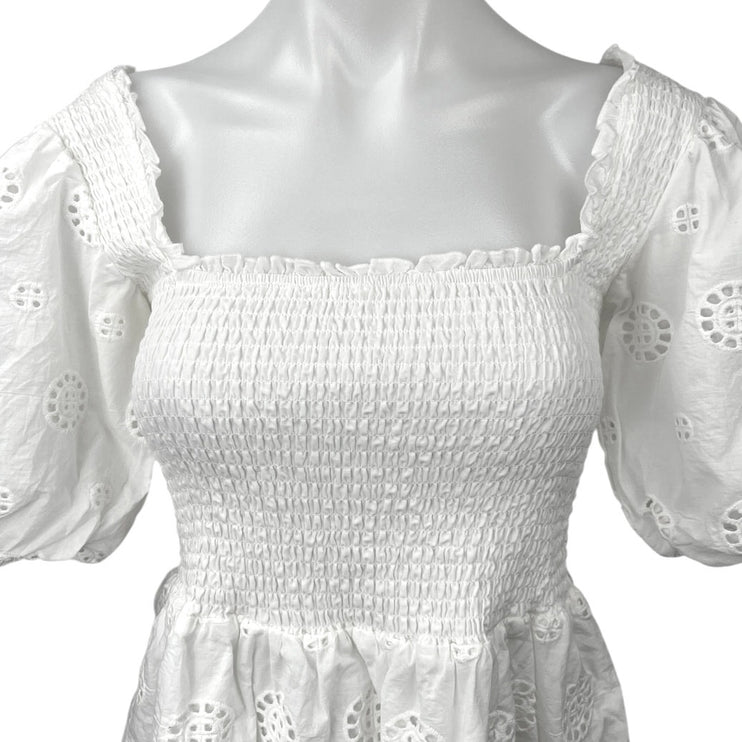 Koko + Mason White Smocked Eyelet Puff Sleeve Square Neck Peplum Blouse Top Sz M