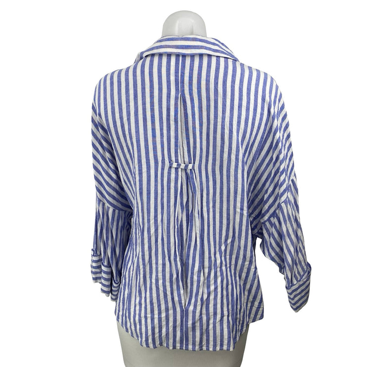 Zara Women's Blue Striped Long Sleeve V Neck Button Down Blouse Shirt Top Size M