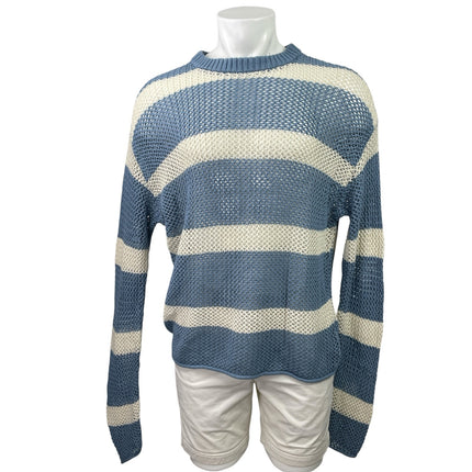 Urban Outfitters Mateo Blue White Striped Crew Neck Crochet Knit Sweater Top L