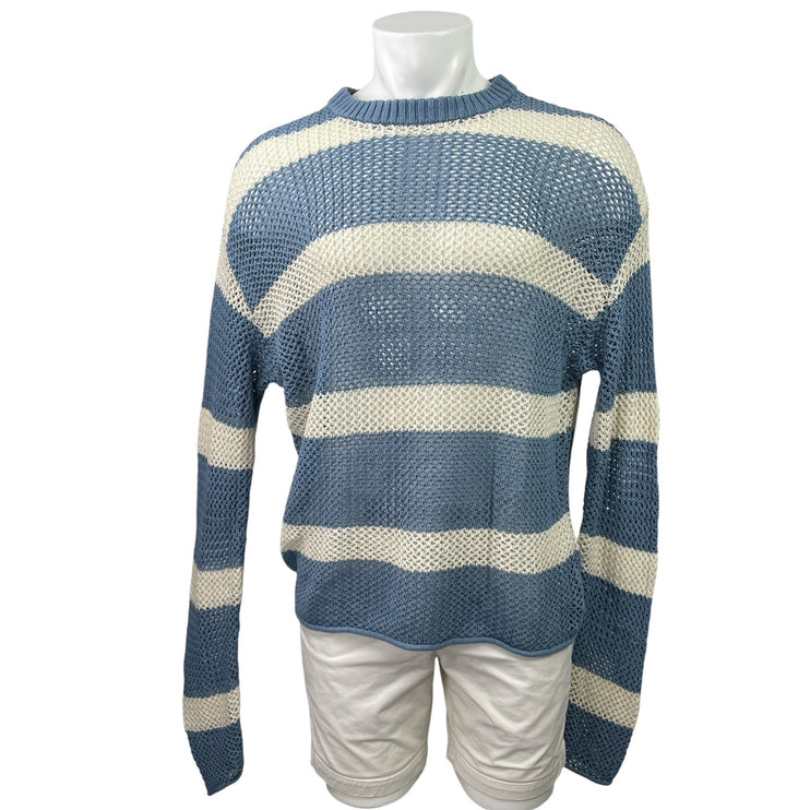 Urban Outfitters Mateo Blue White Striped Crew Neck Crochet Knit Sweater Top L